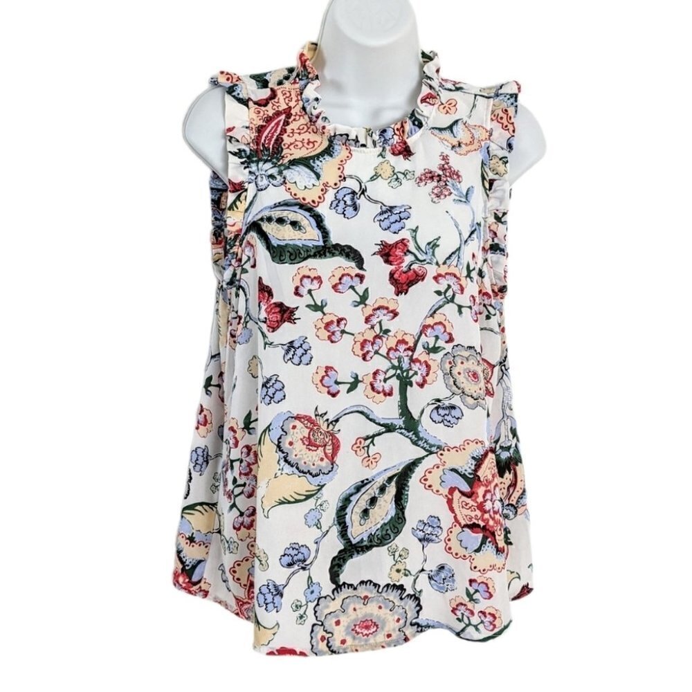Paraphrase floral tropical print ruffle collar blouse top size Small @W